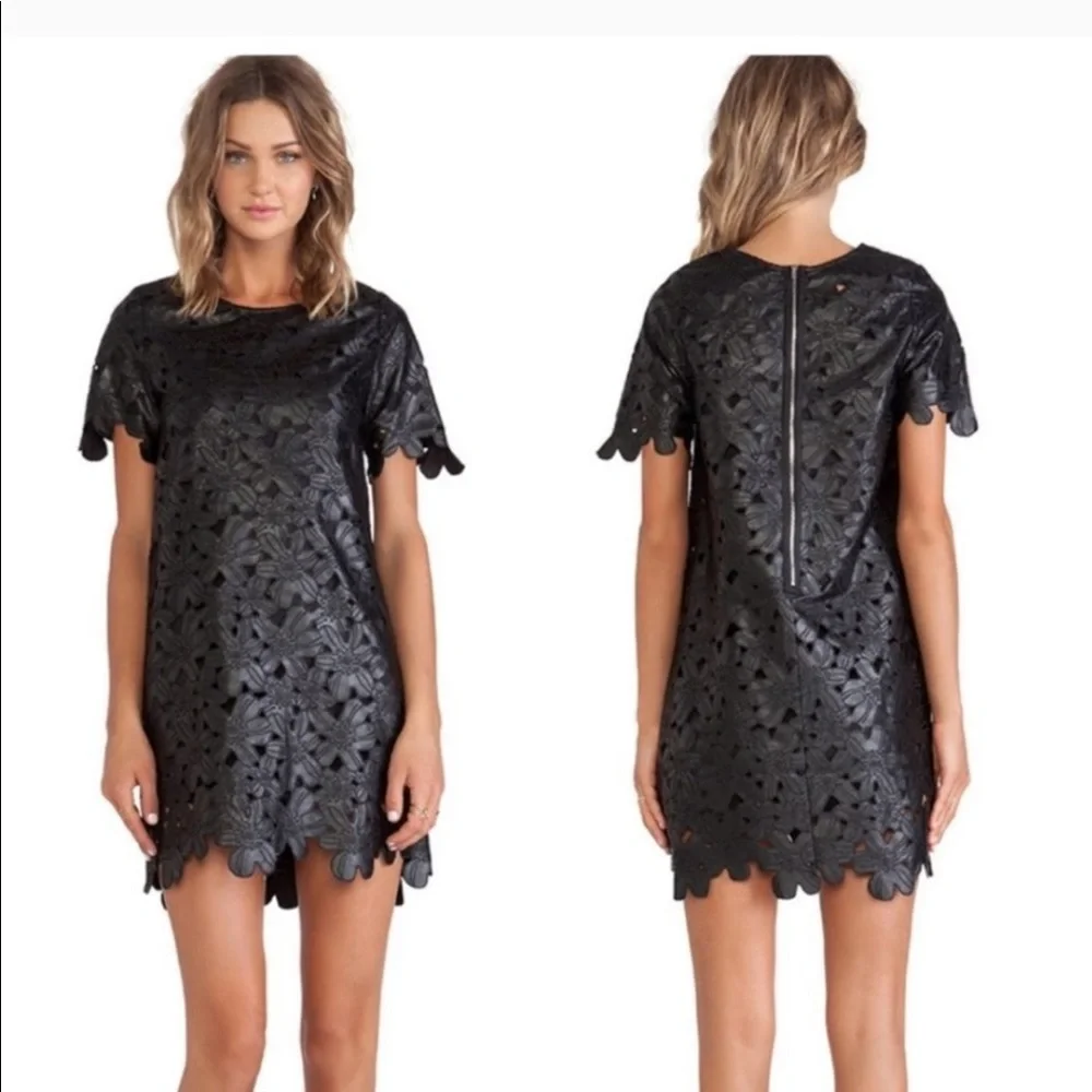 J.O.A. Black Faux Leather Floral Laser Cut Dress B6/32 - Picture 1 of 12